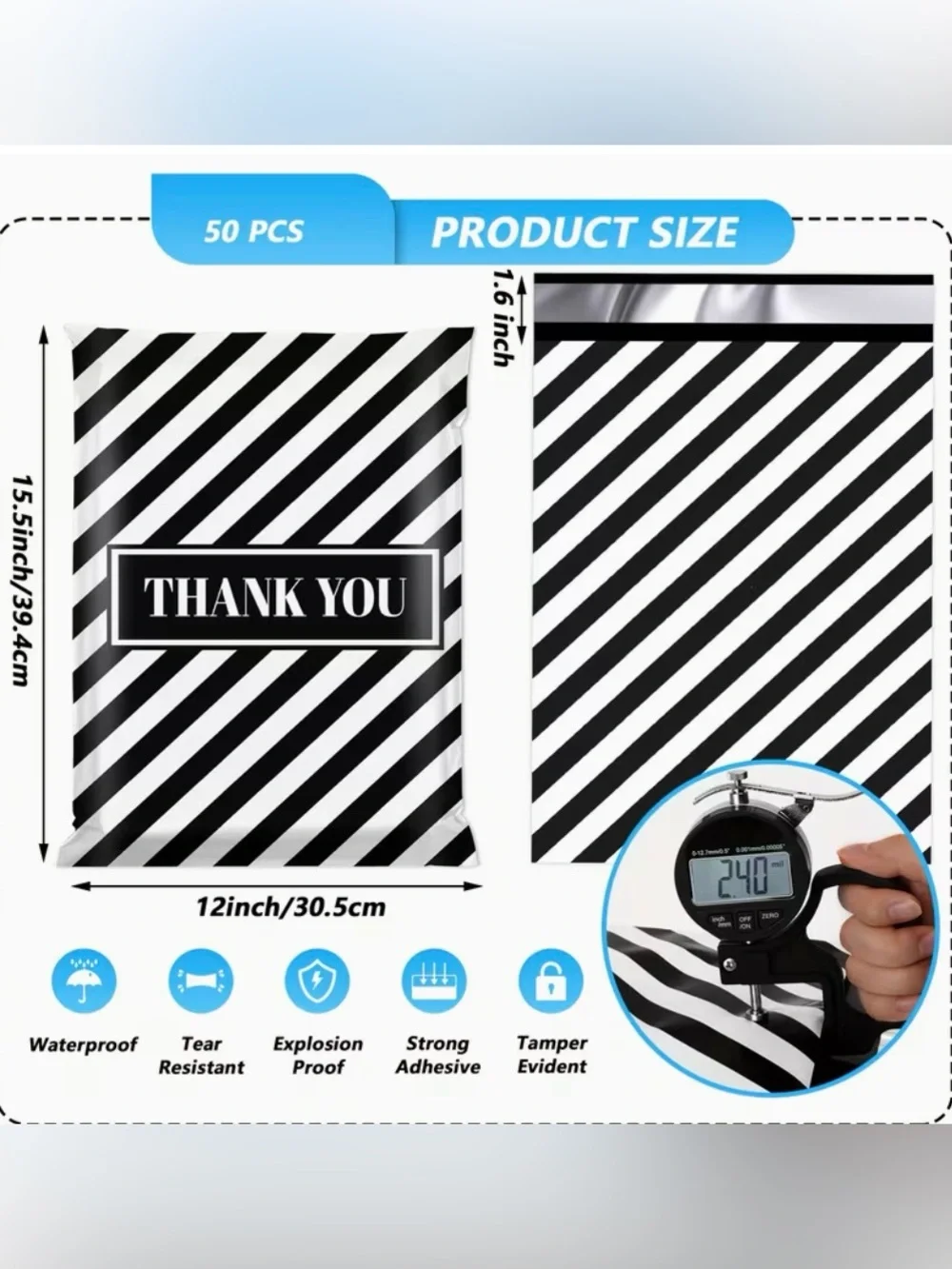 20  12” x 15.5” Black & White Striped Thank  You Poly Mailers